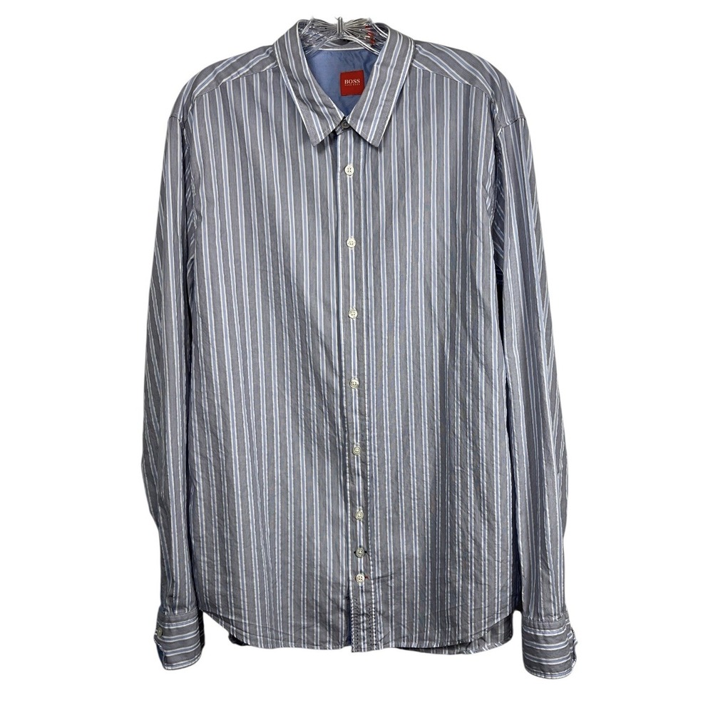 BOSS‎ Hugo Boss XL Button Up Shirt Mens Gray Blue White Striped LS